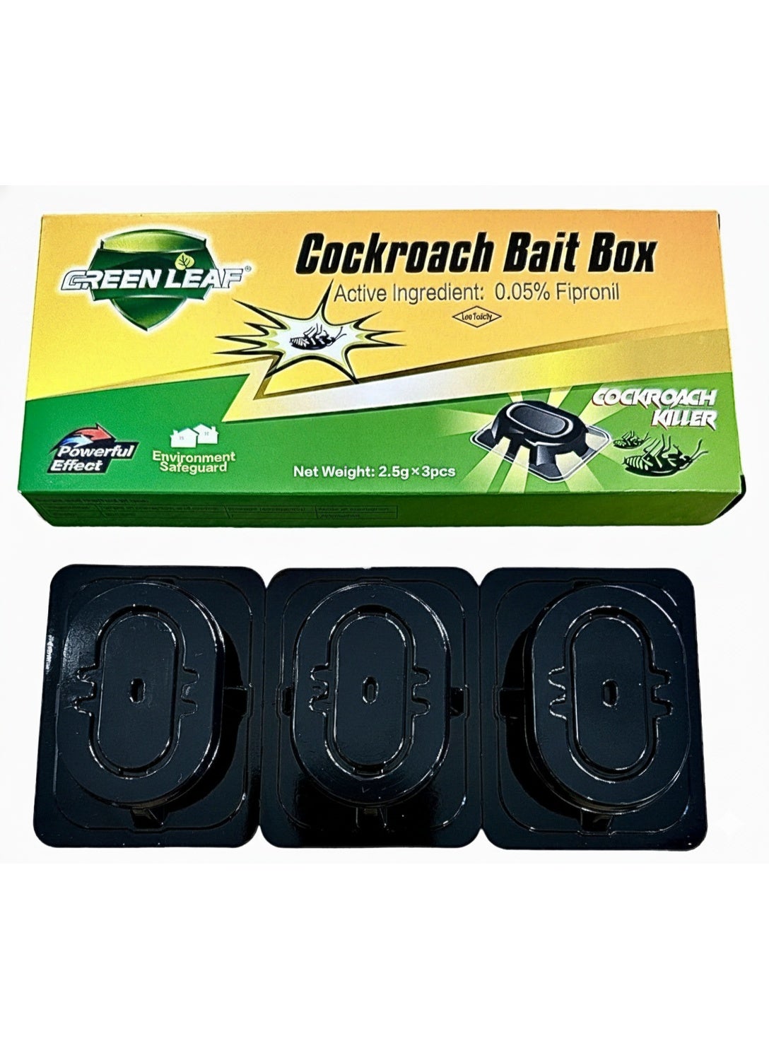 areas key, bait box, bait boxes, box trap, boxes net, cockroach bait, cockroach bait box, cool dry, dry place, fit easily, green leaf, note keep, per box, small bait, total net