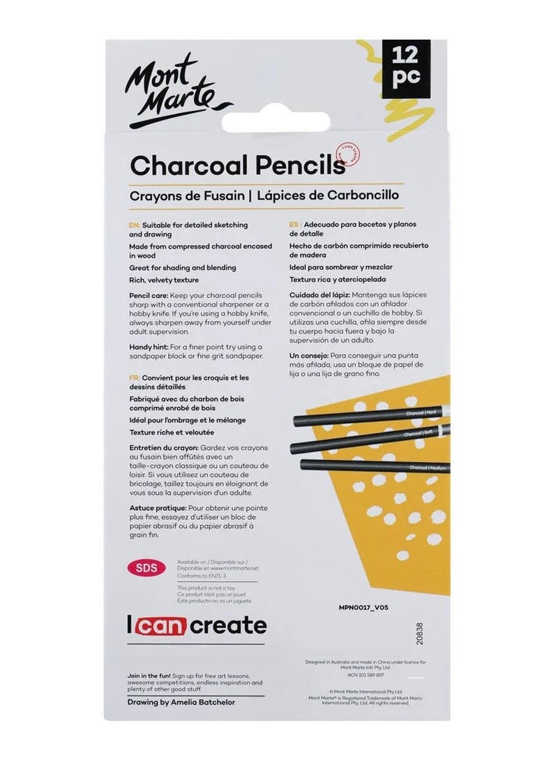 Mont Marte Charcoal Pencils 12 Pack