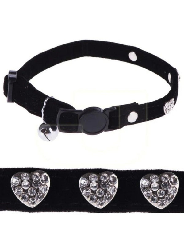 Pawise Cat Collar Diamond Heart Black Velvet