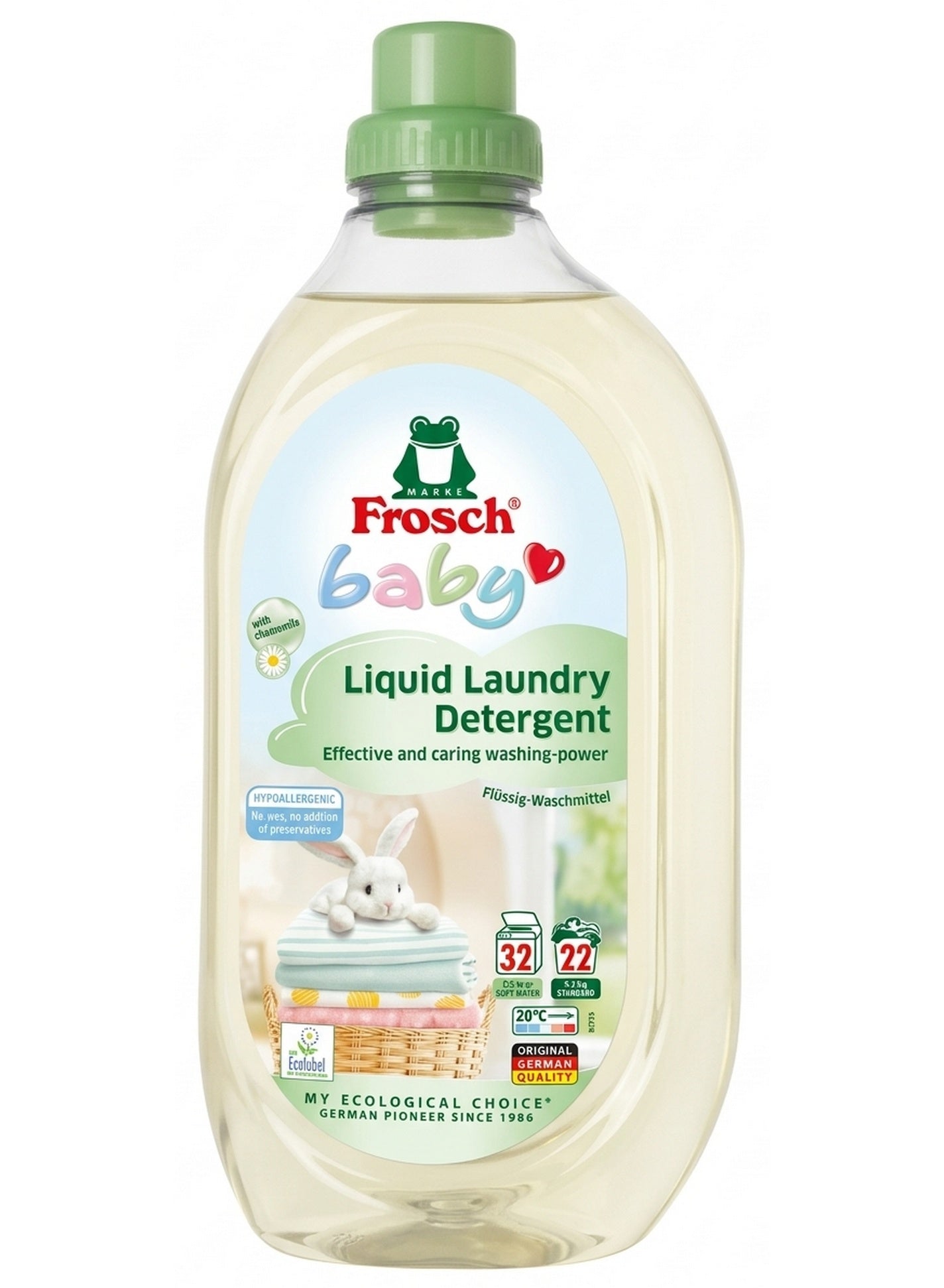 baby liquid, baby liquid laundry, care key, cleans baby, dermatologically tested, frosch, frosch baby, full load, hypoallergenic, laundry detergent, liquid laundry, liquid laundry detergent, sensitive skin, skin gentle, washes per