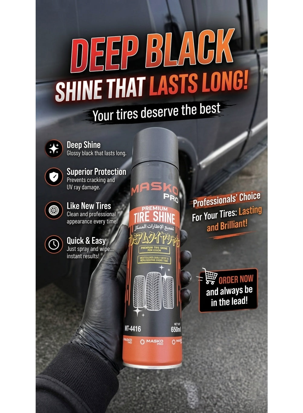 care tire, deep black, dull faded, dust dirt, give dull, masko pro, net volume, shine key, spray net, spray onto, tire care, tire shine, tire types, type tire, wide range