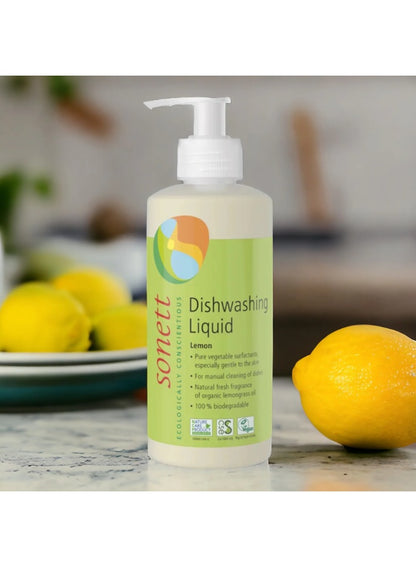 coconut oil, dishwashing lemon, dishwashing lemon liquid, hypoallergenic, lemon liquid, long way, mild even, oil alcohol, organic dishwashing, organic dishwashing lemon, sensitive skin, sodium c12, sonett ecologically conscientious, vegan, way add