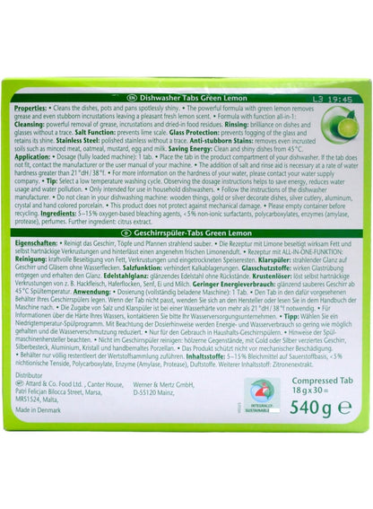 automatic green, automatic green lemon, clean eco, cycle key, dish care, dishwashing tabs, frosch, green lemon, hypoallergenic, mess free, natural ingredients, one key, per tab, pet usage, tab per