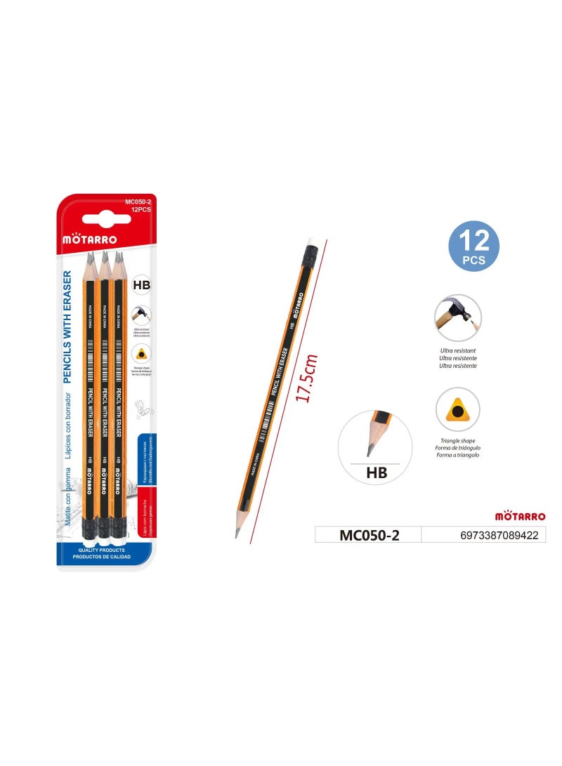 MOTARRO Hb Pencils With Eraser Set - 12 Pcs