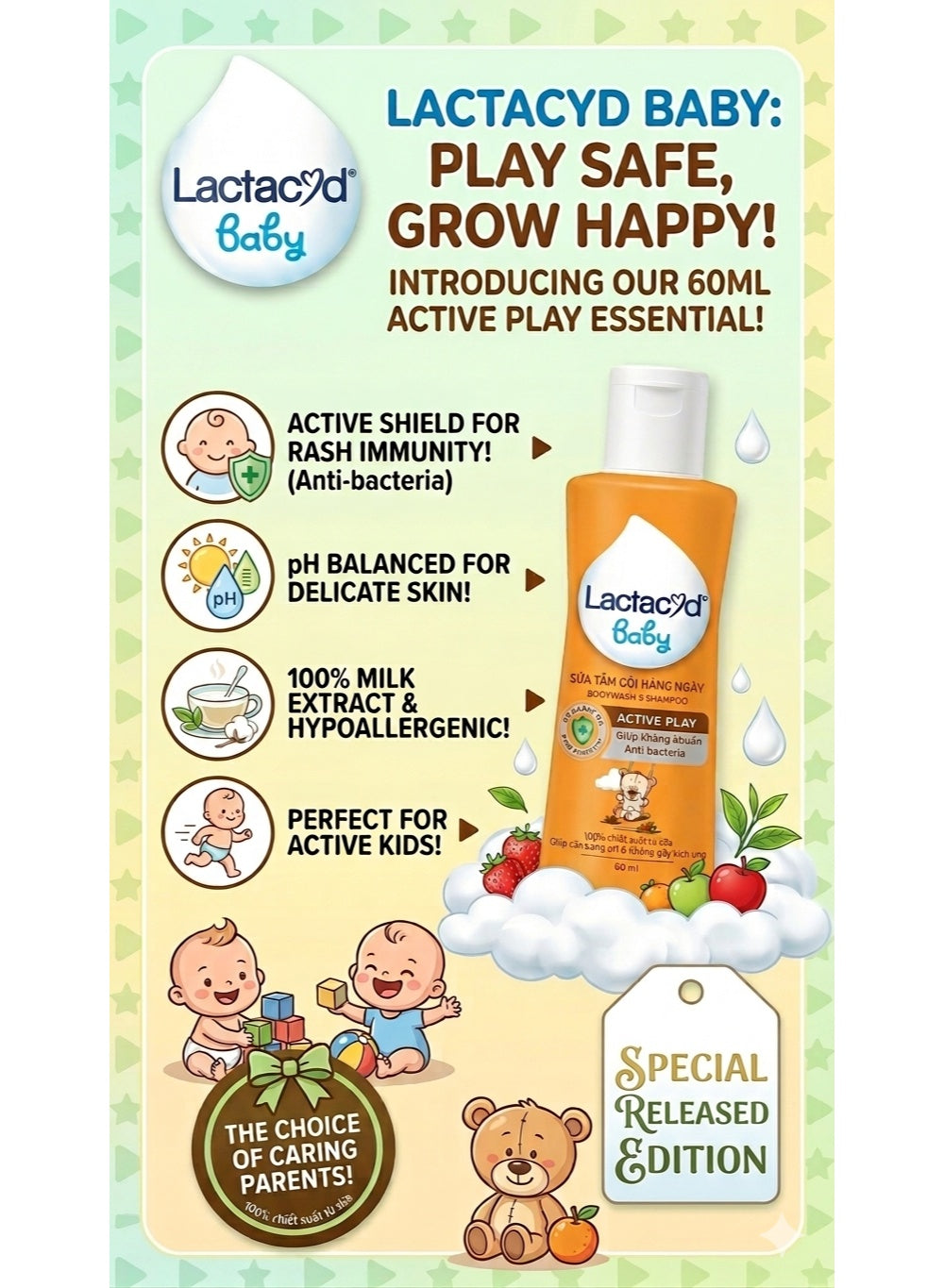 active play, baby body, baby body wash, body wash, body wash shampoo, cool dry, dermatologically tested, dry skin, hypoallergenic, lactacyd, shampoo active, shampoo active play, skin key, wash shampoo, wash shampoo active