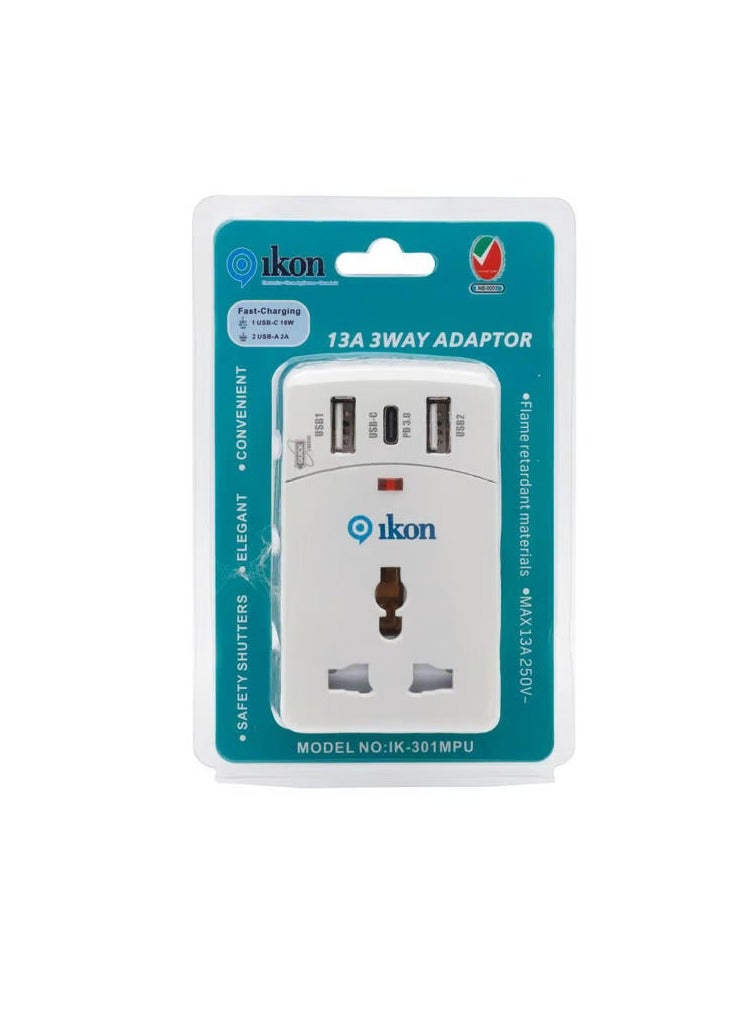 Ikon 3 Way Adapter with USB Ports