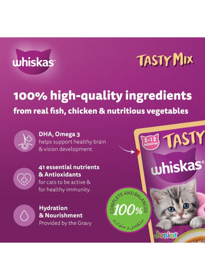 2-12 months, chicken tuna, gravy 2-12, junior tasty, junior tasty mix, mix chicken, mix chicken tuna, nutrition 4x70g, potato flavour, sweet potato, tasty mix, tasty mix chicken, tuna sweet, tuna sweet potato, whiskas