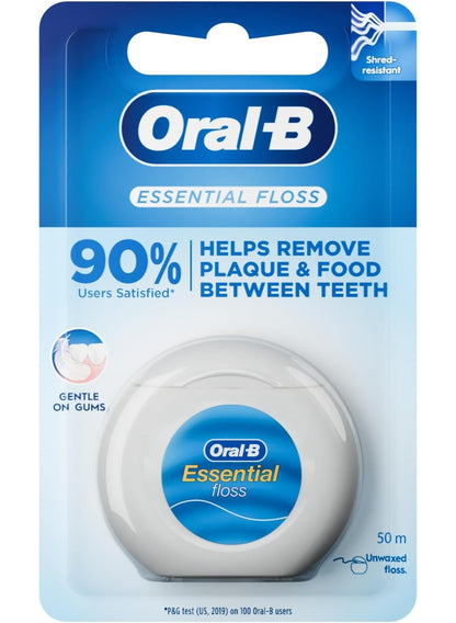 care soft, day key, dental floss, essential dental, essential dental floss, every day, floss 50m, gentle care, gum line, gums keep, oral care, oral-b, soft silky, unwaxed essential, unwaxed essential dental