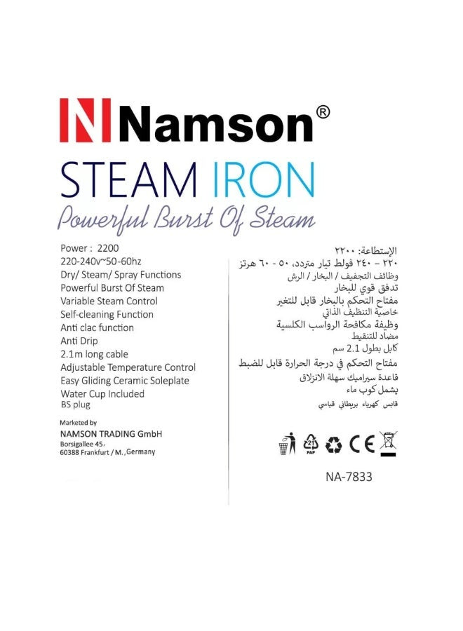 NAMSON 2200W Steam Iron with Ceramic Soleplate