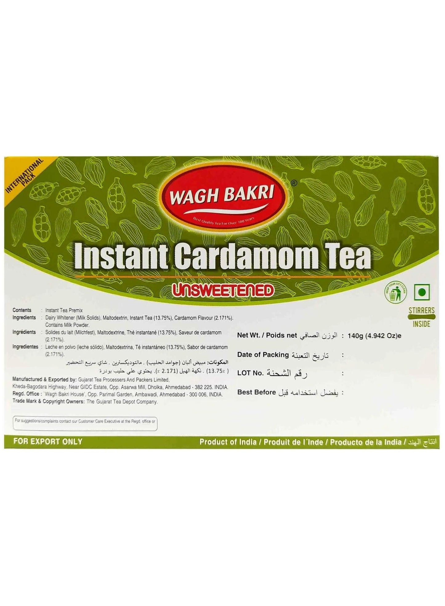 140g usage, added sugar, cardamom tea, cardamom tea unsweetened, cup add, instant cardamom, instant cardamom tea, loved ones, ones key, place one, tea lovers, tea quick, tea unsweetened, total 140g, wagh bakri