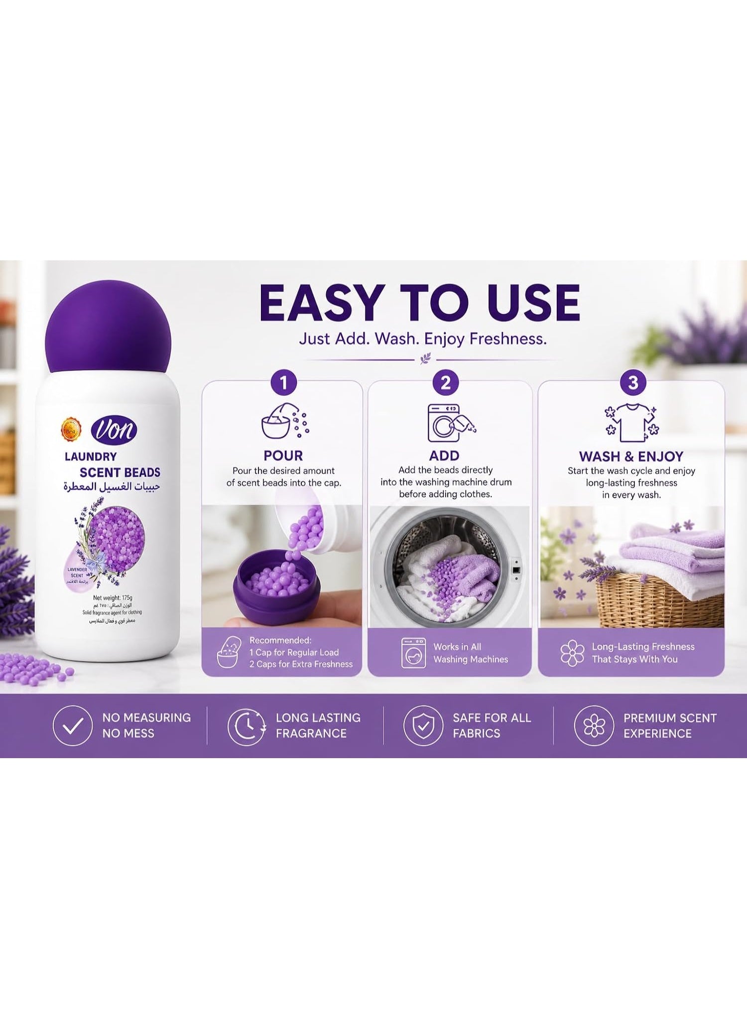 beads work, booster beads, brand von, cool dry, dry place, every load, every wash, feel clean, laundry 175g, lavender scent, lavender scent booster, note keep, scent booster, scent booster beads, von