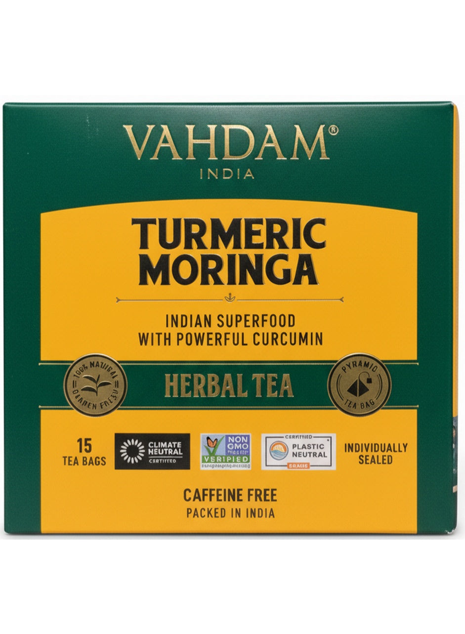 allow herbs, bags allow, enjoy plain, every cup, gentle lift, herbal tea, moringa herbal, moringa herbal tea, pyramid tea, tea bag, tea bags, turmeric moringa, turmeric moringa herbal, vahdam, water brew