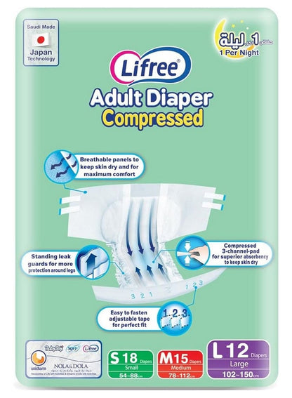 Lifree Adult Diapers Large Size, 12 Pieces