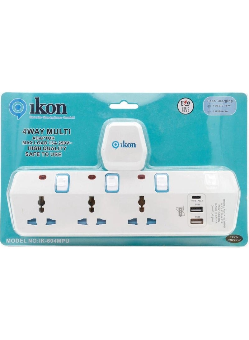 Ikon 4 Way T Socket Multi Adapter - Ikon