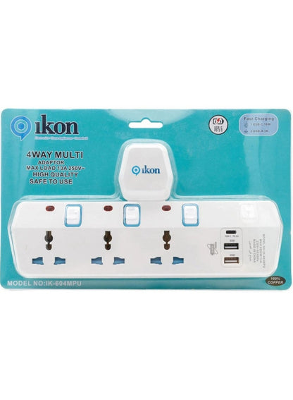 Ikon 4 Way T Socket Multi Adapter - Ikon