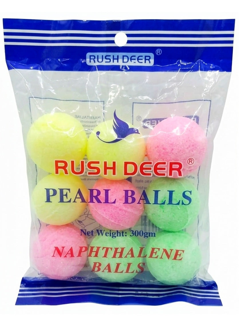 balls 300g, brand rush, cool dry, dry place, every home, long term, multicolor pearl, multicolor pearl napthalene, napthalene balls, napthalene balls 300g, pearl napthalene, pearl napthalene balls, pest free, rush deer, sealed bag