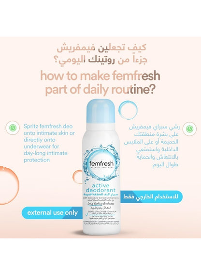 active deodorant, calendula extract, extract silver, extract silver ions, femfresh, freshness odour, gentle talc-free, intimate skin, long-lasting freshness, odour protection, odour protection gentle, protection gentle, silver ions, skin long-lasting, tal