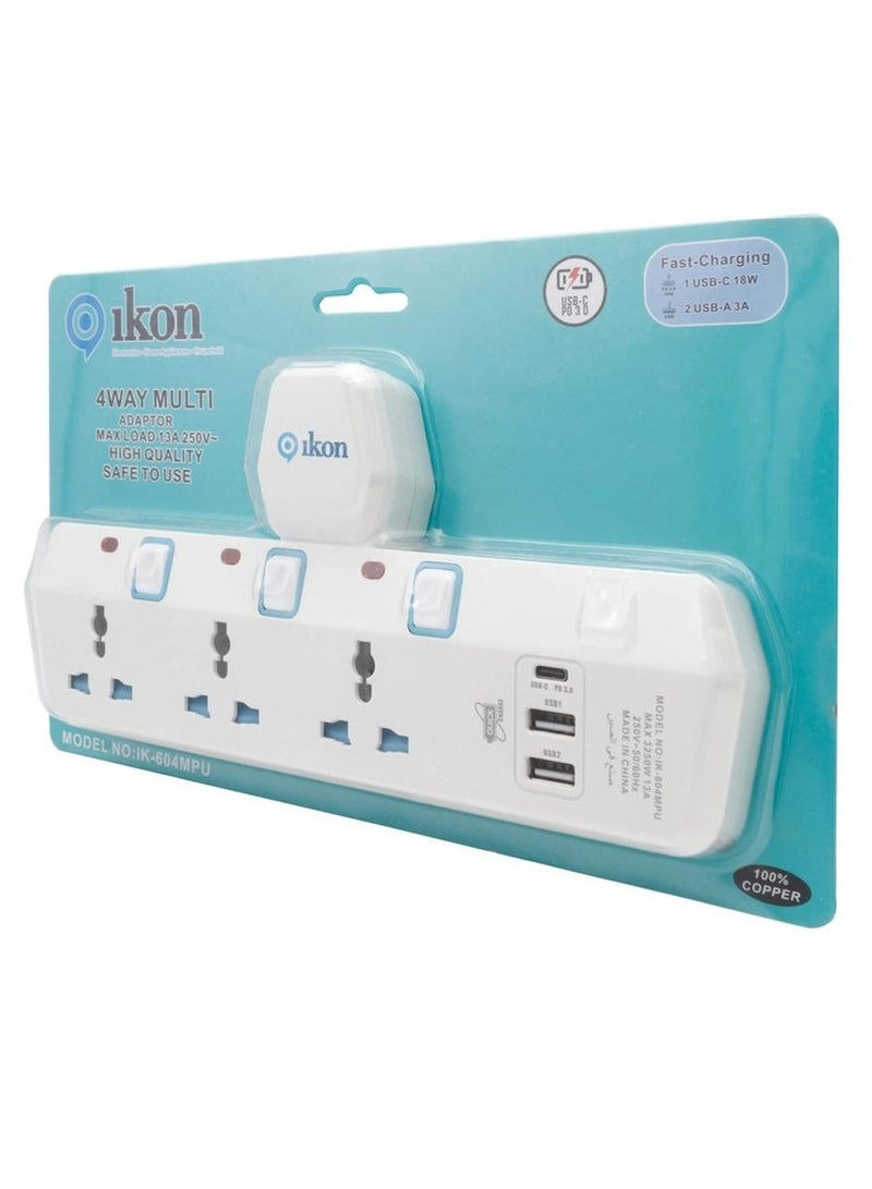 Ikon 4 Way T Socket Multi Adapter - Ikon