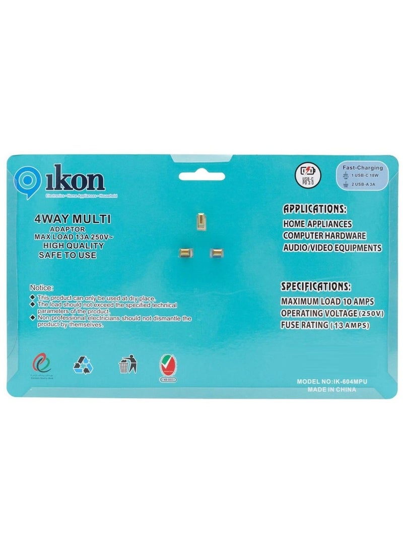 Ikon 4 Way T Socket Multi Adapter - Ikon