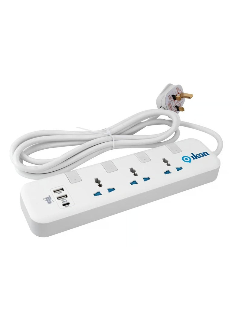 Ikon 3 Way Power Extension Socket with USB Ports