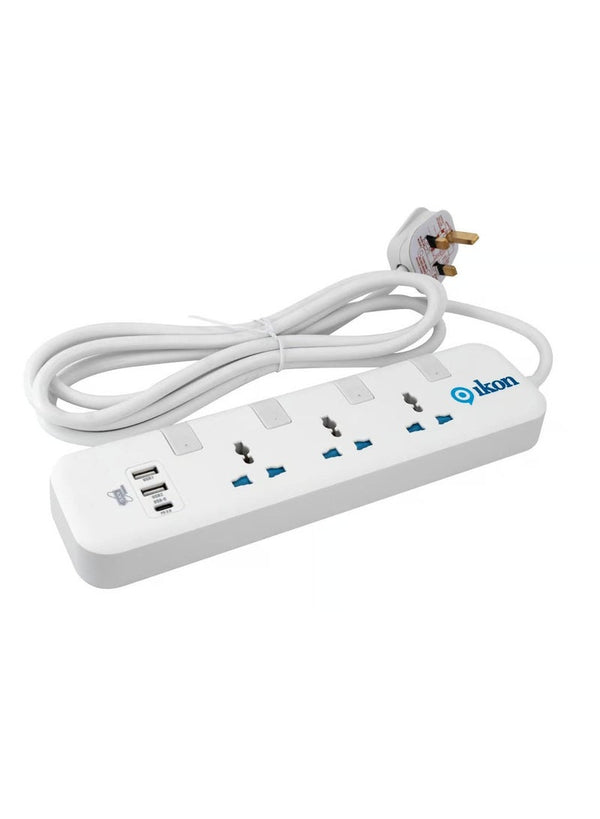 Ikon 3 Way Power Extension Socket with USB Ports