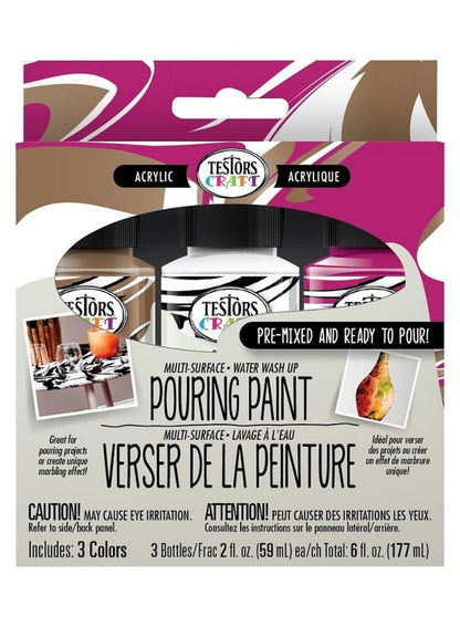 Testors Multi Surface Water Wash Up Pouring Paint Acrylic Artist Paint Gold White Fuchsia 59 ML Each Bottle