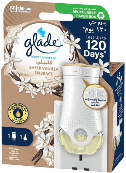 air freshener, electric scented, electric scented oil, embrace electric, essential oils, glade, oil plug-in, oil plug-in holder, plug-in holder, refill air, refill air freshener, scented oil, scented oil plug-in, sheer vanilla, vanilla embrace