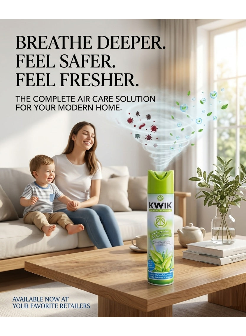 300ml kills, air sanitizer, antiseptic air, bacteria viruses, disinfectant spray, eliminates odors, fresh green, fresh green scent, green scent, kwik, odors fresh, odors fresh green, spray 300ml, spray 300ml kills, viruses eliminates