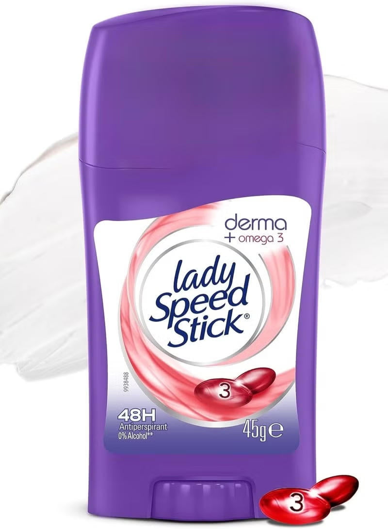 48hr anti-perspirant, 48hr anti-perspirant deodorant, anti-perspirant deodorant, anti-perspirant deodorant 45g, body odor, cool dry, deodorant 45g, derma omega-3, derma omega-3 48hr, dry feel, gentle care, lady speed stick, omega-3 48hr, omega-3 48hr anti