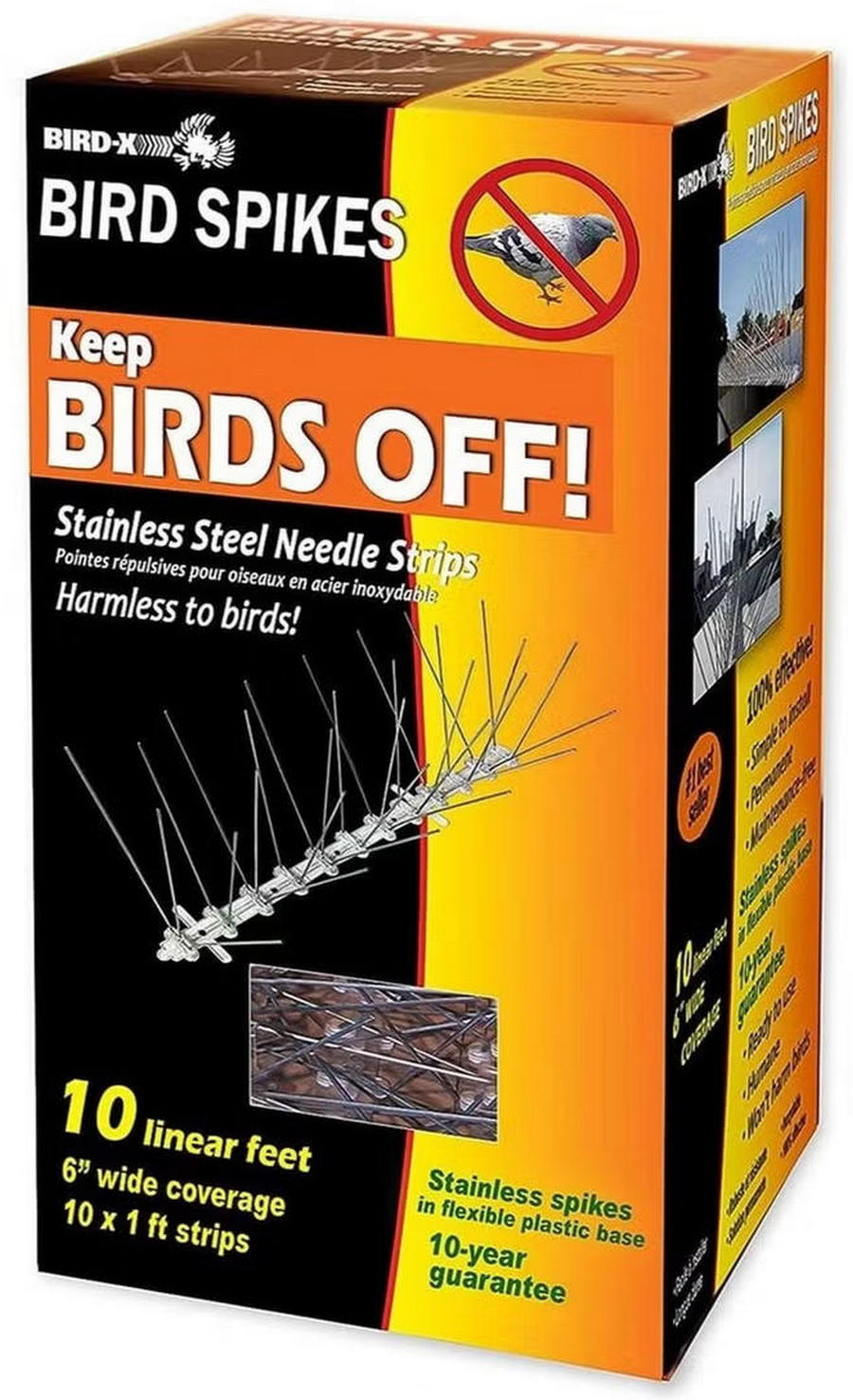 Bird Spikes product box showing stainless steel needle strips for deterring birds, with bold black, yellow, and orange packaging and a pictured linear-foot spike system on the front.
