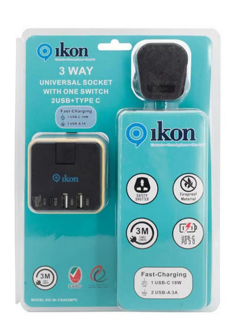Ikon 3-Way Universal Socket with USB Ports