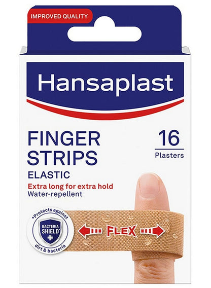 dry place, elastic finger, elastic finger strips, extra long, finger strips, gently dry, hansaplast, long wrap, non-stick, place even, secure hold, skin apply, small cuts, water dirt, wound pad