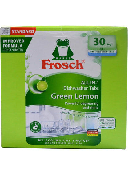 automatic green, automatic green lemon, clean eco, cycle key, dish care, dishwashing tabs, frosch, green lemon, hypoallergenic, mess free, natural ingredients, one key, per tab, pet usage, tab per