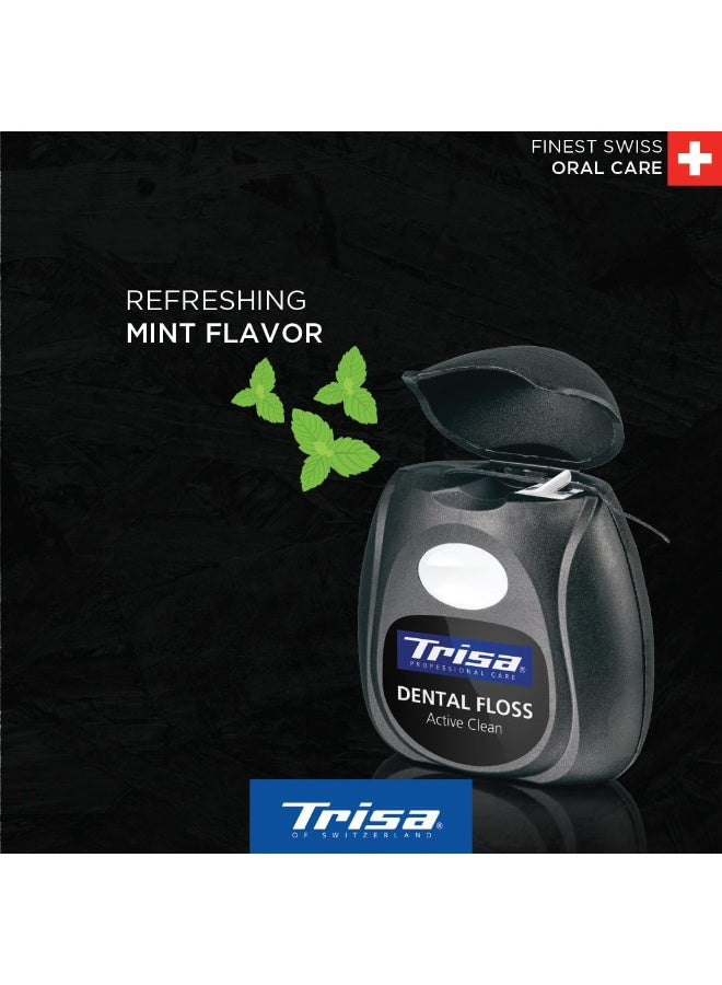 active clean, care 40m, charcoal dental, clean charcoal, dental floss, finest swiss, floss finest, mint active, mint active clean, oral care, oral care 40m, swiss oral, swiss oral care, trisa, xylitol mint