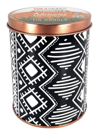 Tribal Tin Citronella Candle - Black & White 10cm