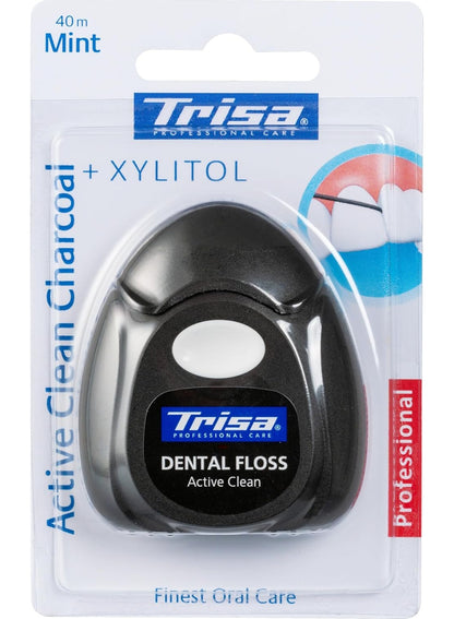 active clean, care 40m, charcoal dental, clean charcoal, dental floss, finest swiss, floss finest, mint active, mint active clean, oral care, oral care 40m, swiss oral, swiss oral care, trisa, xylitol mint