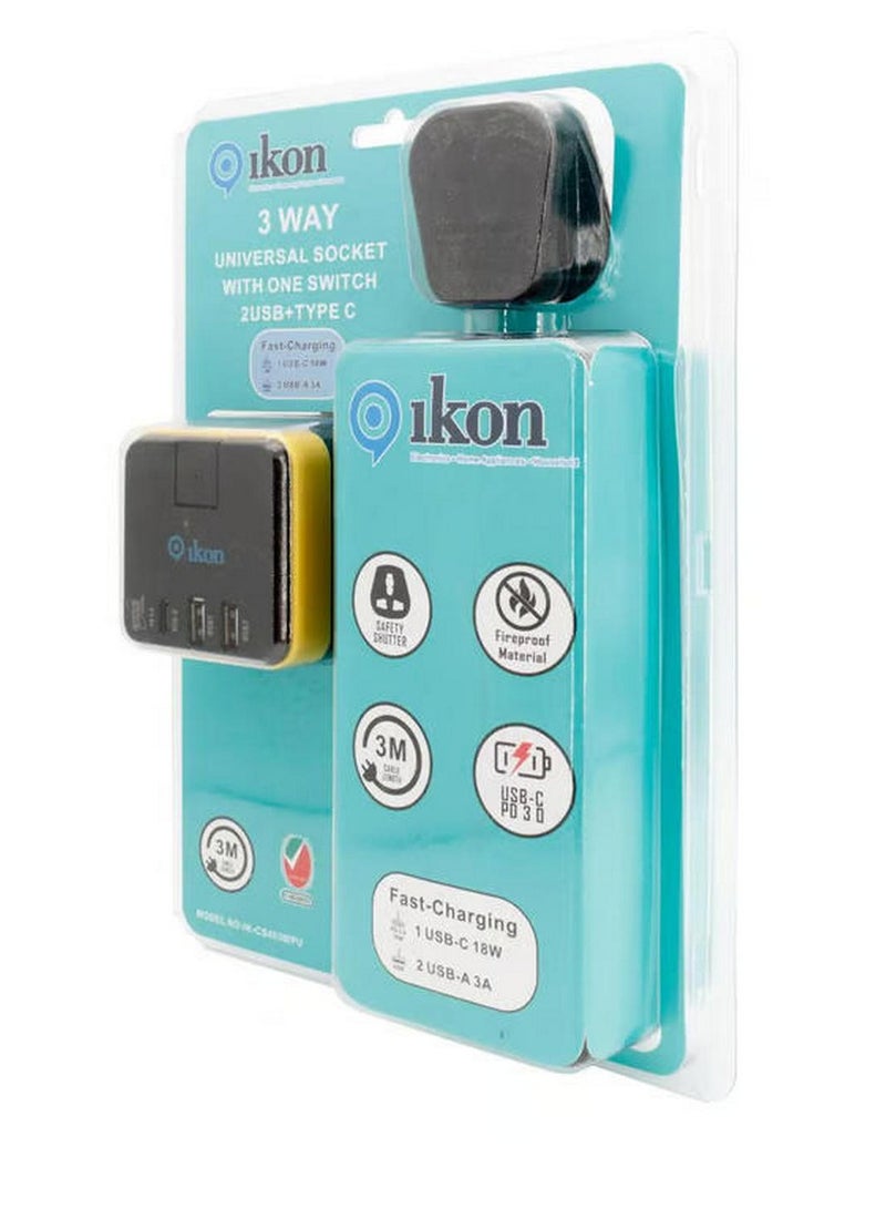 Ikon 3-Way Universal Socket with USB Ports