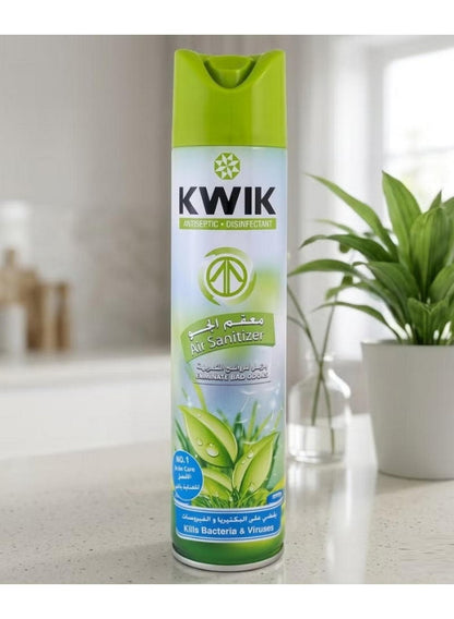 300ml kills, air sanitizer, antiseptic air, bacteria viruses, disinfectant spray, eliminates odors, fresh green, fresh green scent, green scent, kwik, odors fresh, odors fresh green, spray 300ml, spray 300ml kills, viruses eliminates