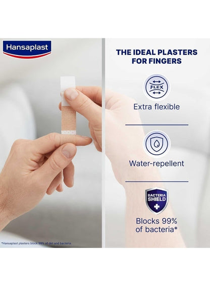dry place, elastic finger, elastic finger strips, extra long, finger strips, gently dry, hansaplast, long wrap, non-stick, place even, secure hold, skin apply, small cuts, water dirt, wound pad