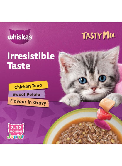 2-12 months, chicken tuna, gravy 2-12, junior tasty, junior tasty mix, mix chicken, mix chicken tuna, nutrition 4x70g, potato flavour, sweet potato, tasty mix, tasty mix chicken, tuna sweet, tuna sweet potato, whiskas