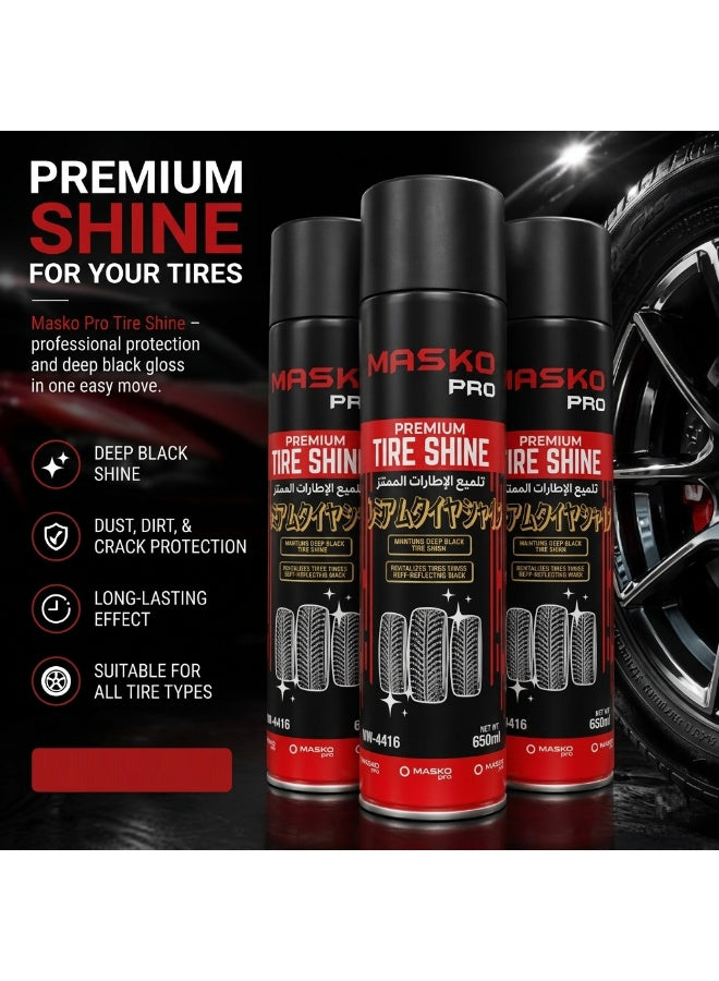 care tire, deep black, dull faded, dust dirt, give dull, masko pro, net volume, shine key, spray net, spray onto, tire care, tire shine, tire types, type tire, wide range