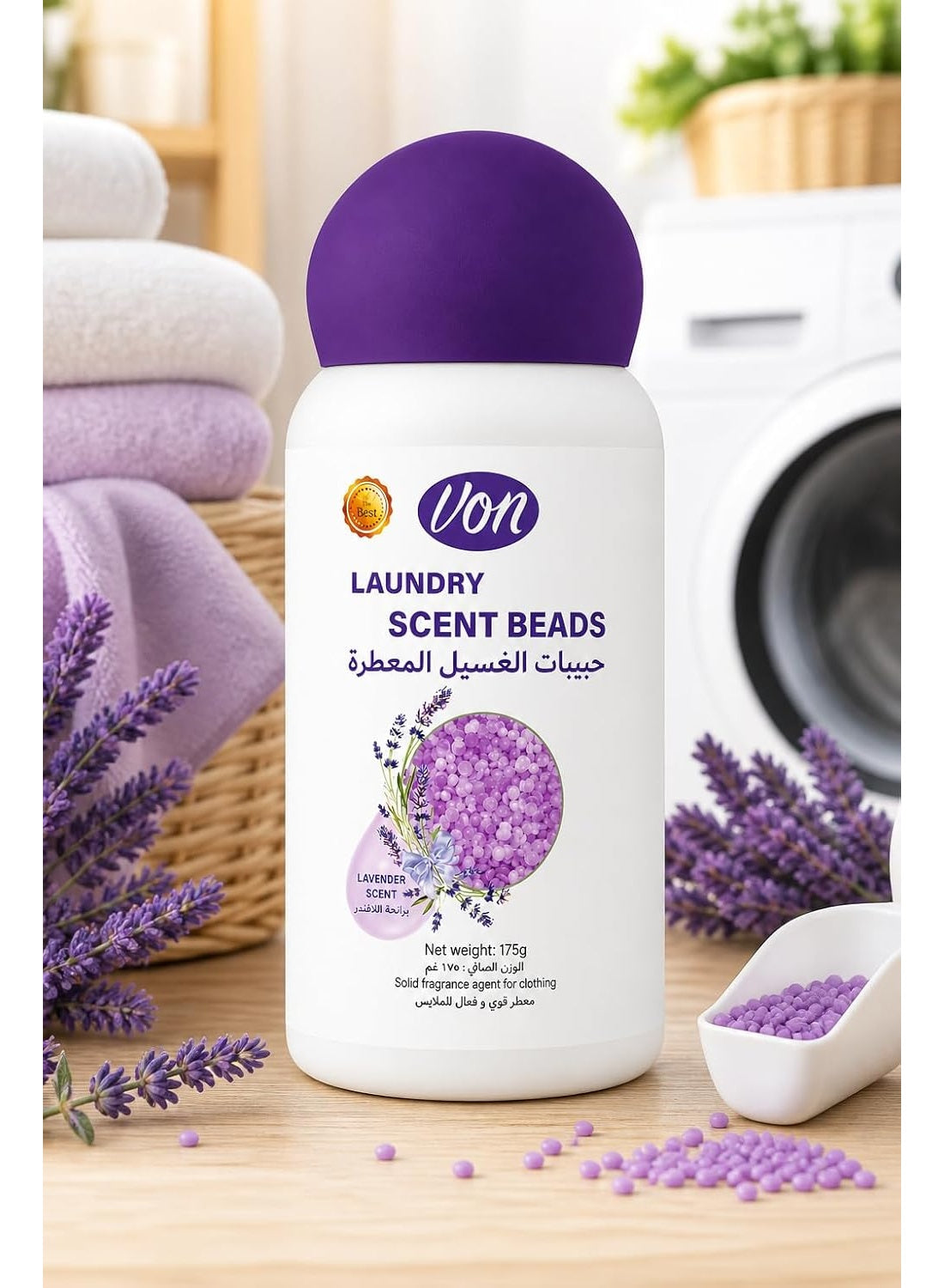 beads work, booster beads, brand von, cool dry, dry place, every load, every wash, feel clean, laundry 175g, lavender scent, lavender scent booster, note keep, scent booster, scent booster beads, von