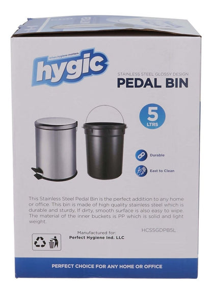 Hygic Glossy Stainless Steel Pedal Bin 5 Liters