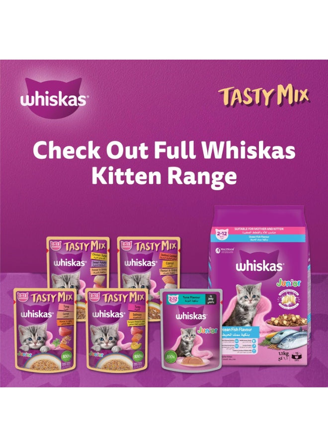 2-12 months, chicken tuna, gravy 2-12, junior tasty, junior tasty mix, mix chicken, mix chicken tuna, nutrition 4x70g, potato flavour, sweet potato, tasty mix, tasty mix chicken, tuna sweet, tuna sweet potato, whiskas