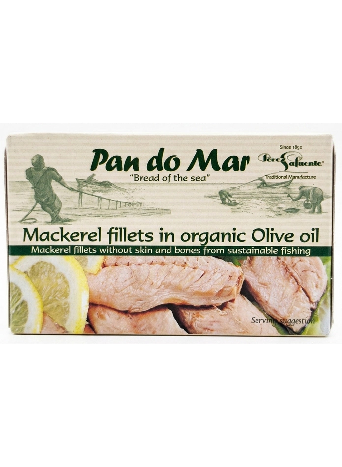 fish may, gluten free, gmo free, info gmo, kcal per, mackerel fillets, natural ingredients, oil 120g, oil net, olive oil, olive oil 120g, organic olive, organic olive oil, pan do mar, sea salt
