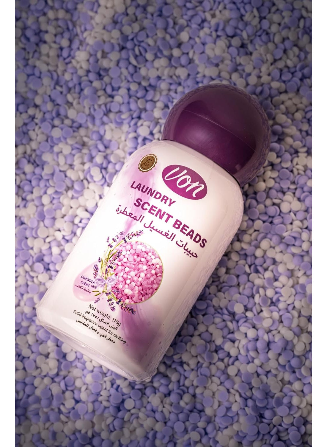 beads work, booster beads, brand von, cool dry, dry place, every load, every wash, feel clean, laundry 175g, lavender scent, lavender scent booster, note keep, scent booster, scent booster beads, von
