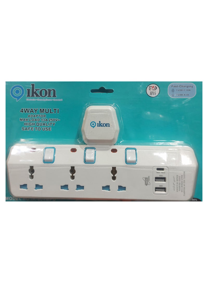Ikon 4 Way T Socket Multi Adapter - Ikon