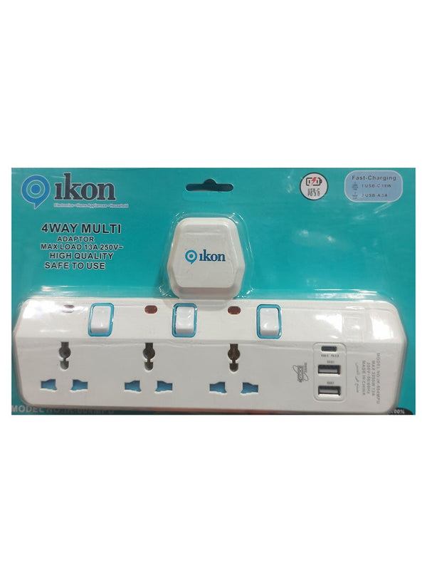 Ikon 4 Way T Socket Multi Adapter - Ikon
