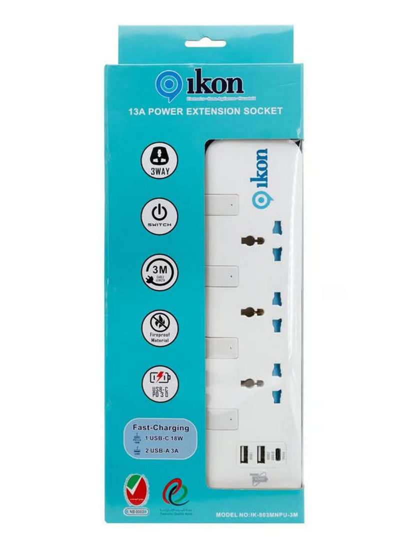 Ikon 3 Way Power Extension Socket with USB Ports