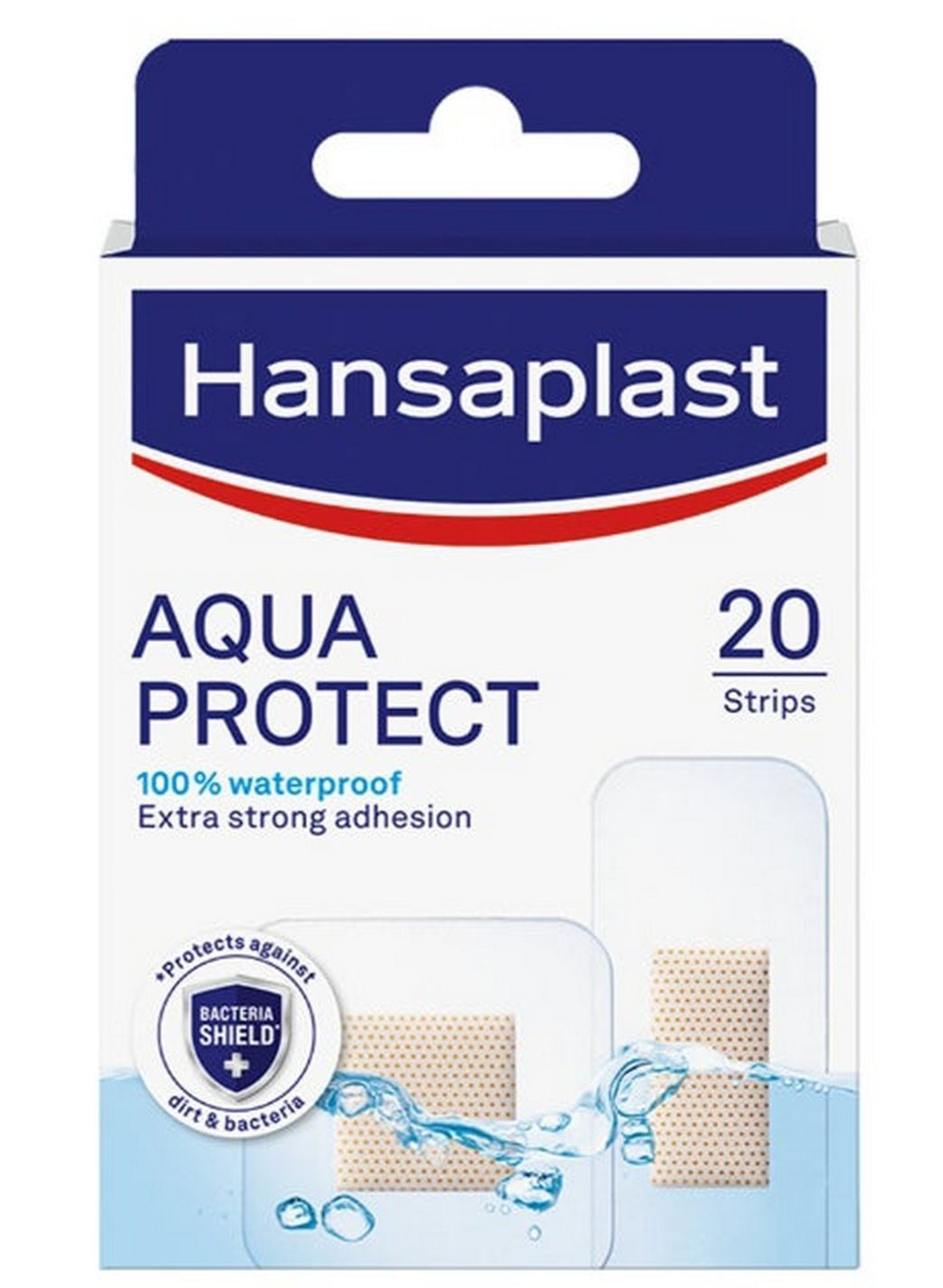 aqua protect, aqua protect plasters, extra strong, extra strong adhesion, hands feet, hansaplast, minor cuts, non-stick, protect plasters, strong adhesion, waterproof, waterproof extra, waterproof extra strong, wound dry, wound pad